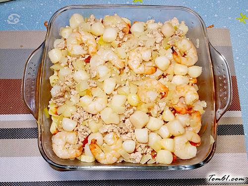 【元貝蝦仁芝士焗意粉】