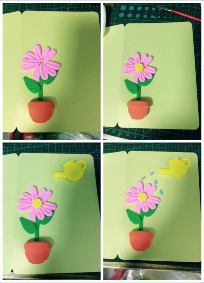 浇水花朵的粘土小贺卡制作方法