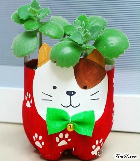 可乐瓶小猫花盆的废物利用的创意制作图解