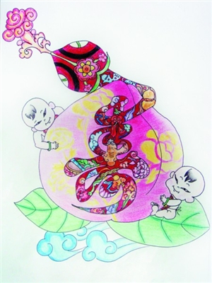 蛇年黑板报花边图案设计-金蛇蟠桃图片1