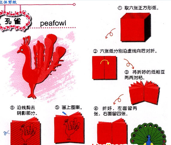 高贵的孔雀剪纸图案与图解教程