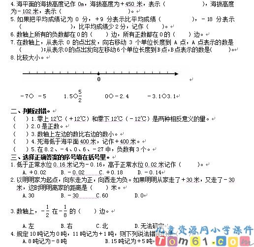 人教版小学数学六年级下册试卷