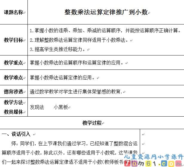 整数乘法运算定律推广到小数