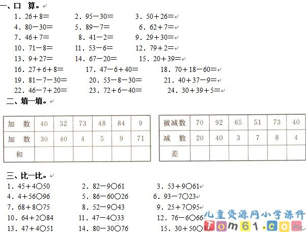 人教版小学数学一年级下册试卷9