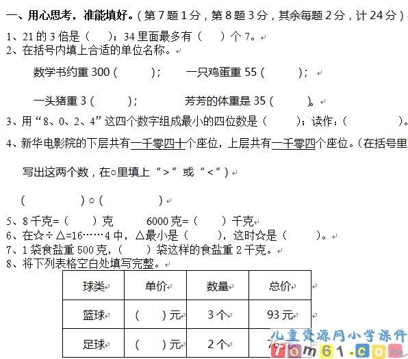 苏教版小学数学三年级上册试卷4