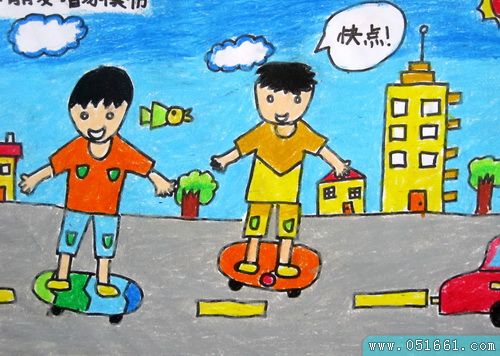 玩滑板-蜡笔画图集